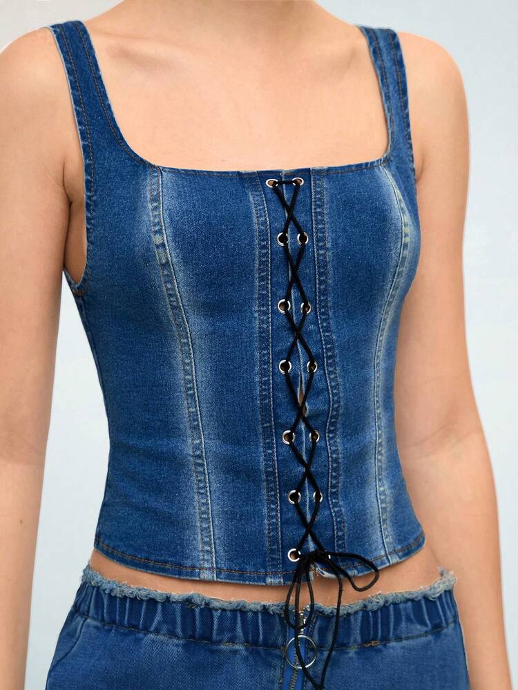 Sexy Cross Tie Denim Vest