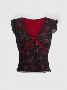 ROMWE Goth Áo nữ Nơ Bướm Tương phản ren Tương phản Mesh Họa tiết hoa Boho - Màu Đỏ Sâu - Xem 1
