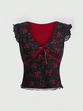 Goth Ditsy Floral Print Bow Lettuce Trim Mesh Top