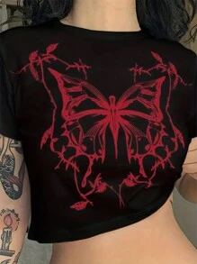 INAWLY 蝴蝶印花圆领短袖休闲 T 恤图案 T 恤女式上衣 - 黑色 - 查看 4