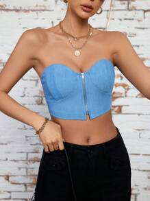 GENKIRA Damen-einbau-oberteil Aus Denim Ohne Träger Und Reißverschluss An Der Vorderseite - Blau - Übersicht 1