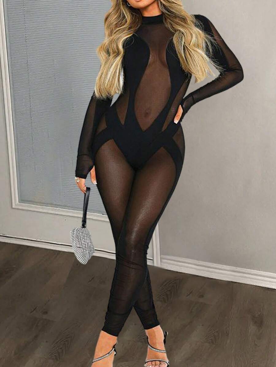 Slaydiva Mesh Insert Unitard Jumpsuit - Black - View 1