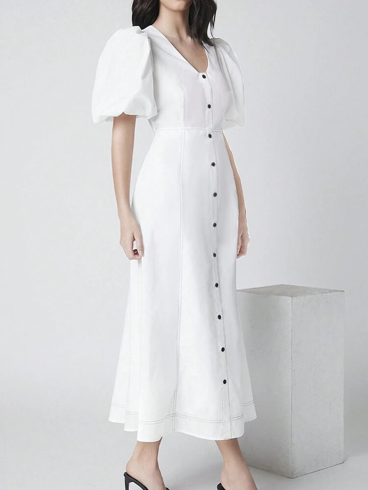 Women's V-Neck Short Puff Sleeve Single-Breasted Dress