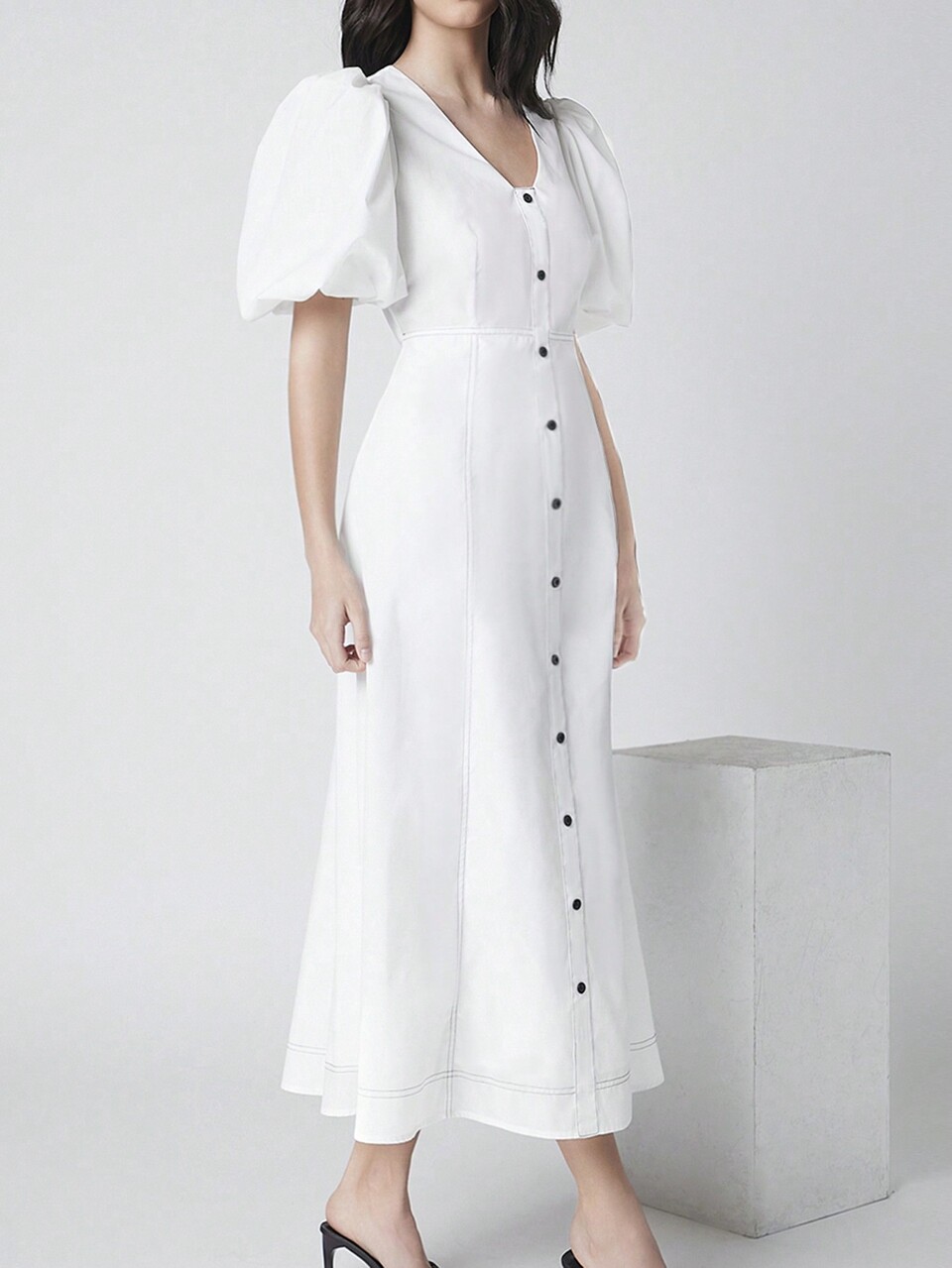 Women's V-Neck Short Puff Sleeve Single-Breasted Dress