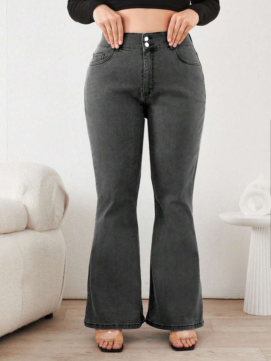 SHEIN Cottnline 大碼女士口袋喇叭牛仔褲 - 淺灰色 - 查看 1