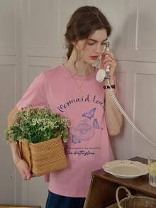 Simple Retro 1pc Women Butterfly & Letter Print Casual T-Shirt - Pink - View 6