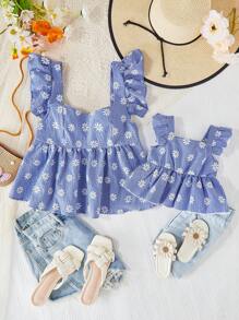 SHEIN Baby Girl's Casual Summer Vacation Floral & Plaid Pattern Cap Sleeve Top Mommy And Me Matching Outfits( 2 Pieces Are Sold Separately) - Blue - View 1