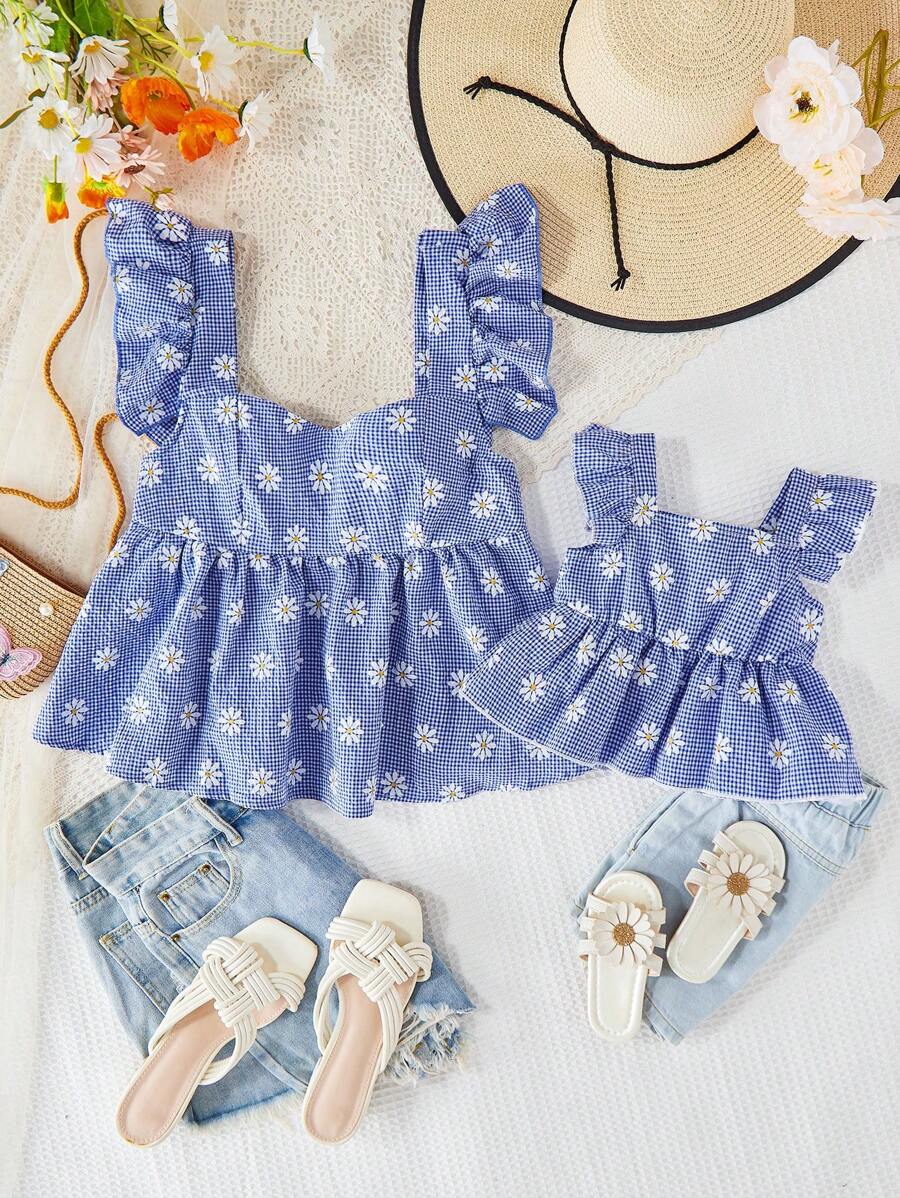 SHEIN Baby Girl's Casual Summer Vacation Floral & Plaid Pattern Cap Sleeve Top Mommy And Me Matching Outfits( 2 Pieces Are Sold Separately) - Blue - View 1
