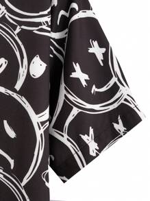 ROMWE MEN Prep Men Smile Face Print Shirt, School - Black and White - View 3