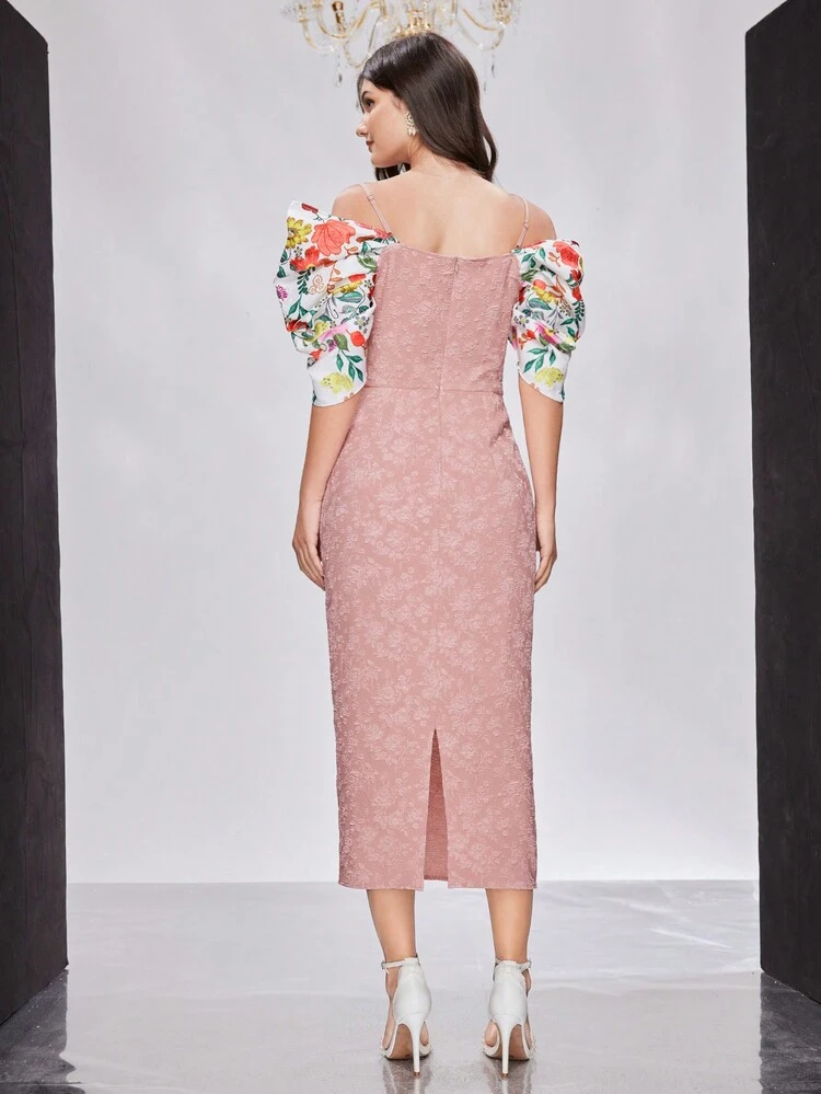 Ladies Open Shoulder Floral Printed Elegant Dress Long Evening Dresses