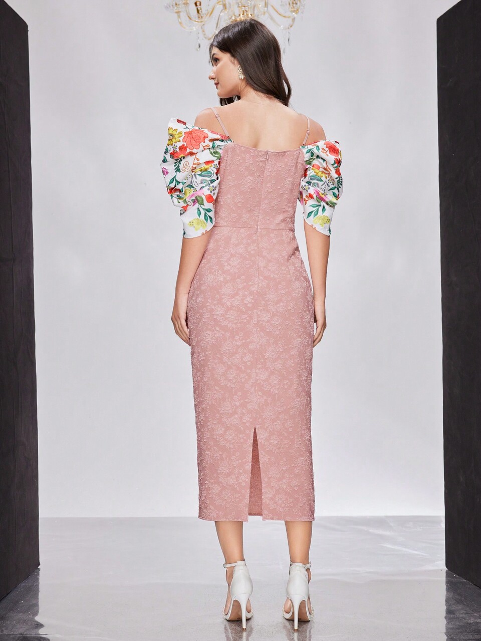 Ladies Open Shoulder Floral Printed Elegant Dress Long Evening Dresses