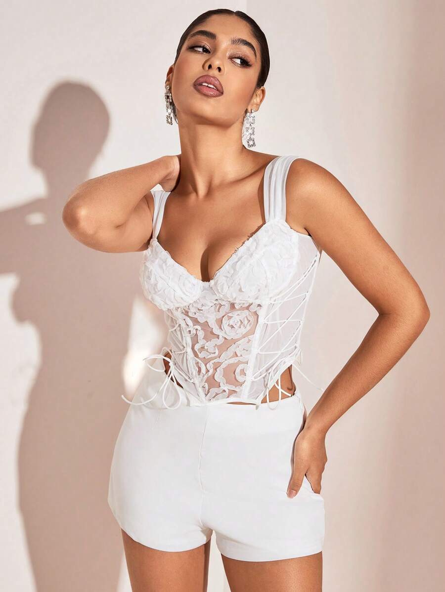 SHEIN BAE Áo corset thắt dây quyến rũ cho đêm giao thừa và Giáng sinh - trắng - Xem 1