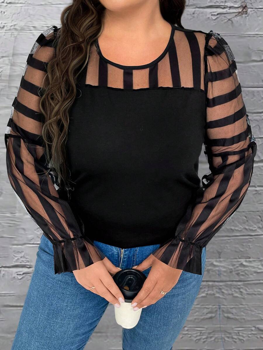 SHEIN Unity 女士加大码透视网眼撞色上衣 - 黑色 - 查看 1