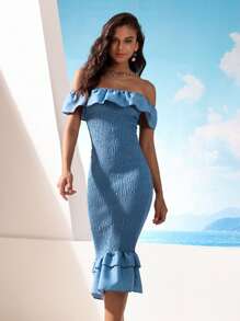 Aveloria Off Shoulder Multi-Layer Ruffle Trim Shirred Dress For Women, Summer