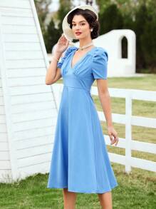 Vintamour 復古女裝藍色連衣裙，夏季服裝，開齋節連衣裙，長版連衣裙，夏日短裙套裝藍色連衣裙 - 藍色 - 查看 5