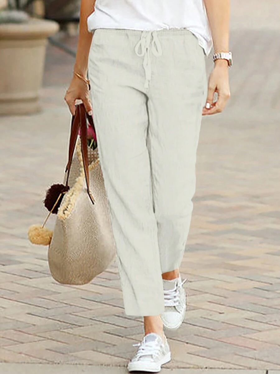 Jisfaneya Solid Color Pocket Elastic Waist Drawstring Pleated Effect Fabric Straight Leg Casual Everyday Versatile Light Gray Pants, Spring/Summer - Light Grey - View 1