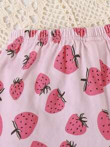 SHEIN 4pcs/Set Adorable Knitted Soft Strawberry Patterned Top & Shorts With Solid Ruffle Trimmed Camisole And Home Wear For Baby Girls - Dusty Pink - View 4
