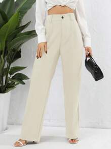 Women's Solid Color Pleated Loose Straight Casual Commuter Pants - Beige - View 3