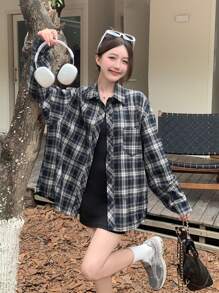 女士休闲格子落肩长袖宽松衬衫，秋季，长袖上衣 - 藍色 - 查看 1