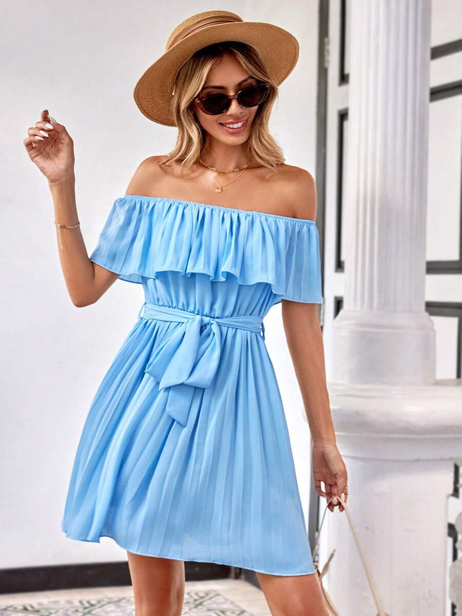 GENKIRA Solid Color Off Shoulder Ruffle Hem Decorated Casual Dress - Blue - View 1