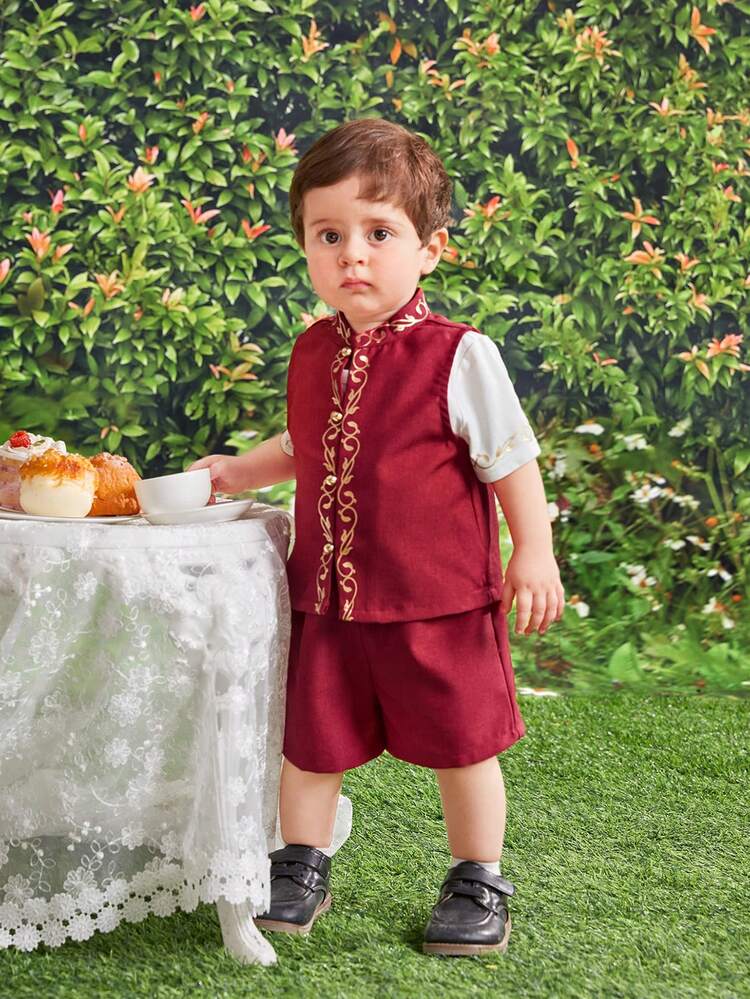 Baby Boy Bohemian Style Golden Plant Printed Stand Collar Vest, T-Shirt, Shorts 3 Pieces Set