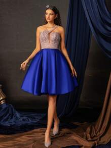 Smilprince Charming A-Line Evening Dress With Sequin Bodice, Sleeveless Homecoming Prom Dress Elegant Semi Formal Wedding Guest Dress, For Birthday, Graduation