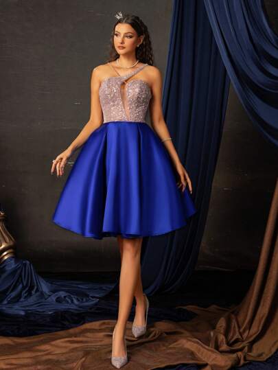 Smilprince Charming A-Line Evening Dress With Sequin Bodice, Sleeveless Homecoming Prom Dress Elegant Semi Formal Wedding Guest Dress, For Birthday, Graduation