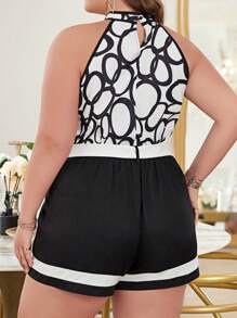 Celure Plus Size Geometric Print Sleeveless Top And Colorblocked Shorts - Multicolor - View 2
