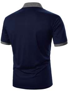 Calvornis Men Color-Block Short Sleeve Collar Business Casual Polo Formal Shirt, For Husband, For Going Out, Ceremony - Navy Blue - View 2