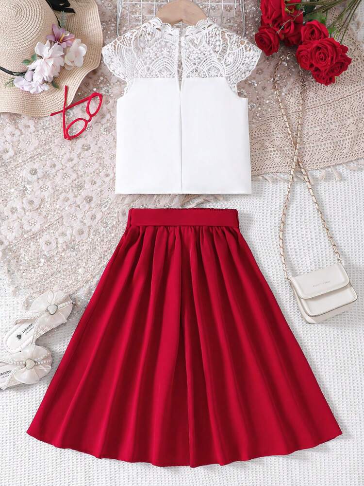 Young Girl Lace Stand Collar Blouse With Floral Applique & Detachable Belt A-Line Skirt Set