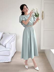 DAZY 女士短款泡泡袖圆领衬衫和裙子套装，女士两件套 - 藍色 - 查看 2