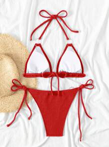 SHEIN Swim Solid Texture Halter Neck Ring Design Two-Piece Bikini Set, String Bikini Set Swimwear Bathing Suit Beach Outfit Summer Vacation,Summer Beach - Red - View 7