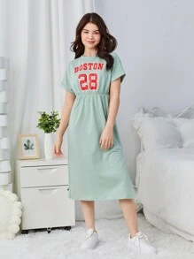 SHEIN Vestido de mangas cortas de punto con cuello redondo, estampado de carta, hombros caídos y cintura ajustada para chica adolescente