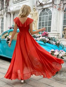 QOQ Proste Eleganckie Koralowe Pomarańczowe Dekolt w Serek Falbany Suknie Druhny Długie Suknie - Koralowy pomarańczowy - Zobacz 2