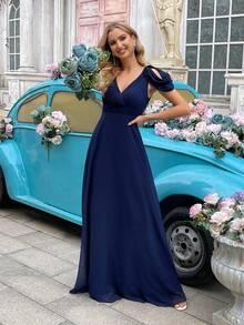 QOQ Elegant Flowing Navy Blue V-Neck Chiffon Bridesmaid Gowns Dresses - Navy Blue - View 7