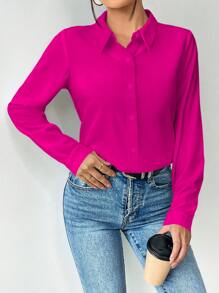 SHEIN Clasi Camisa de mujer de unicolor minimalista con botones, blusas de manga larga