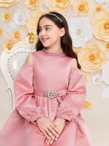 SHEIN Tween Girl Rhinestone Trim Stand Collar Cutout Shoulder Dress - Pink - View 6