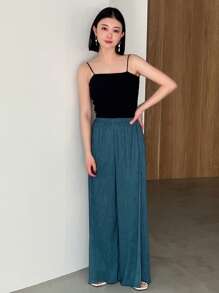FRIFUL Solid Color Casual Pleated Wide Leg Pants Flowy Pants - Blue - View 5