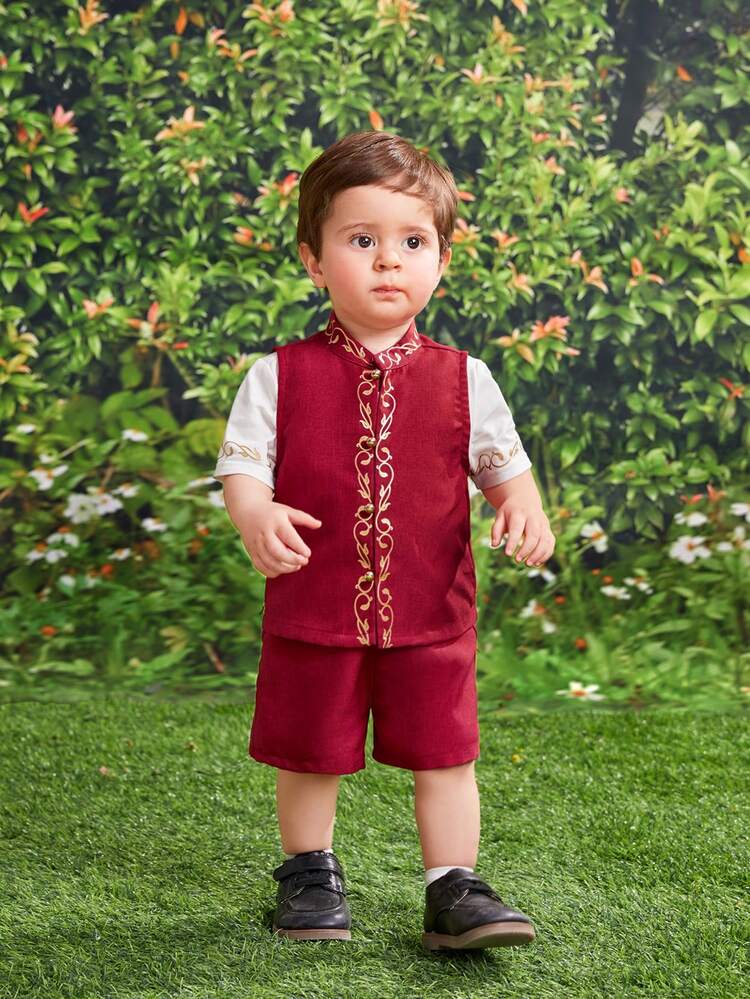 Baby Boy Bohemian Style Golden Plant Printed Stand Collar Vest, T-Shirt, Shorts 3 Pieces Set