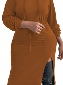 Calvaya 加大碼女士固色連帽連衣裙,腰帶綁帶及分割式下擺設計