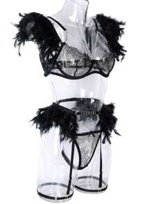 花卉蕾丝钢圈吊袜带内衣套装，坏蛋造型 - 黑色 - 查看 3