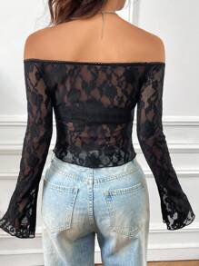 SHEIN Unity 蕾丝露肩修身长袖上衣 - 黑色 - 查看 2