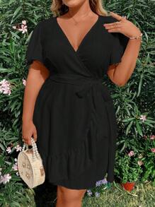 Sunnyshic Plus Size Deep V-Neck Flutter Sleeve Belted Dress Vacation Beach Outfits Women