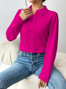 SHEIN Clasi Camisa de mujer de unicolor minimalista con botones, blusas de manga larga