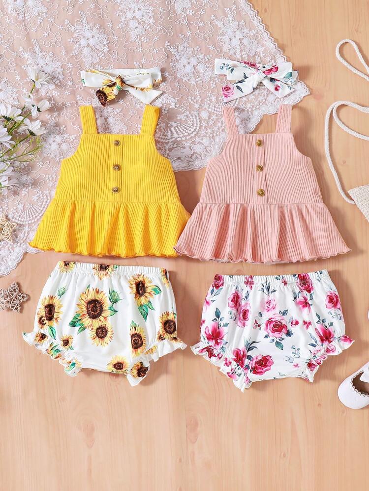 Baby Girls' Summer Knitted Plain Ruffle Hem Tank Top, Floral Pattern Shorts, Headband Set For Vacation