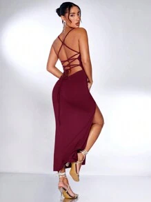 SHEIN BAE Dệt kim Màu thuần Trở lại Thánh giá Lace-up Khe Đầm - Màu Đỏ Sâu - Xem 7