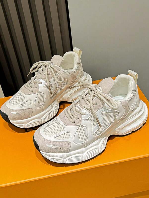 Women's Casual Sports Shoes, Thick Sole Mesh Breathable Platform Sneakers, Flat & Comfortable, & Versatile Young Style, Reflective Lace Up, White