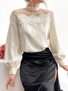 Modelyn Contrast Mesh Soluble Lace Casual Long Sleeve Shirt - Beige - View 6