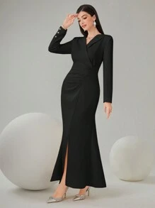 Modelyn High-Collar Waist-Cinching Fish-Tail Dress With Front Split Long Evening Dresses - Black - View 1
