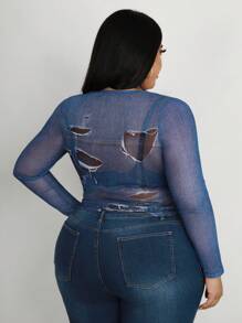 SHEIN CURVE+ 大码牛仔效果图案长袖上衣 - 彩色 - 查看 2